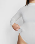 Sara Seamless Long-Sleeve Mock Neck Bodysuit – White Stretch Fit
