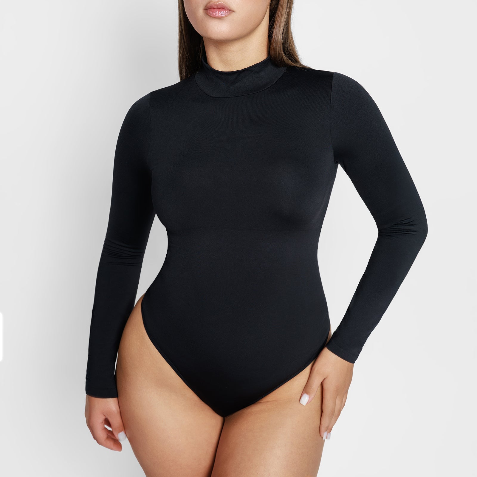 Sara Seamless Long-Sleeve Mock Neck Bodysuit – White Stretch Fit